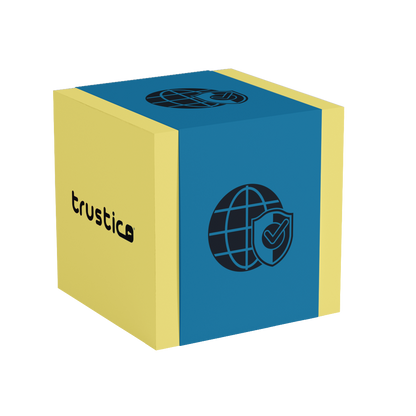 A yellow and blue box shows "trustica" on one side and a globe with shield and checkmark on the other, symbolizing security, trust, and Sectigo CA’s PositiveSSL DV + Multi Domain - Additional SAN protection.