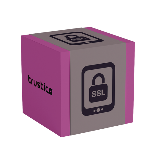 A purple and gray cube showcases the word Trustico® on one side and a padlock icon labeled “CaaS DV + Wildcard SSL Certificate” from Trustico CA on another, symbolizing secure digital communication through SSL certificates.