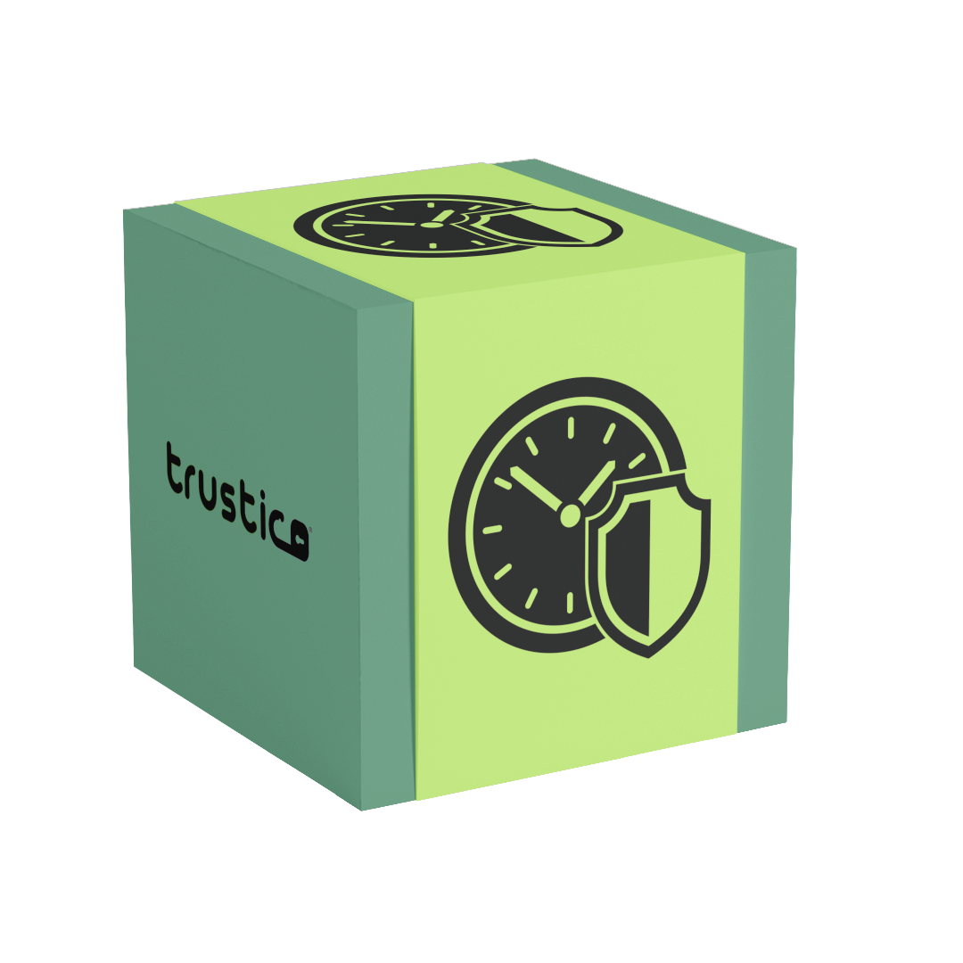 A green cube features a clock and shield icon on one face, symbolizing security features such as Multi Domain SSL Certificate protection provided by Sectigo® CaaS DV + Multi Domain from Sectigo CA. Another face displays the word “trustic” alongside a padlock, emphasizing support for the ACME protocol for seamless certificate management.