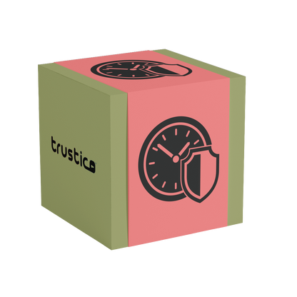 A 3D cube with olive green and pink faces displays a clock, shield, and the word "Trustico®," symbolizing website security and reliability—perfect for representing Trustico CA’s Trustico® DV + Multi Domain SSL Certificate.