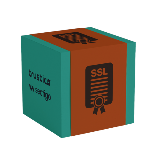 A teal and orange cube displays the words Trustico® and Sectigo® on one side and an icon of an SSL certificate with a ribbon on another side.