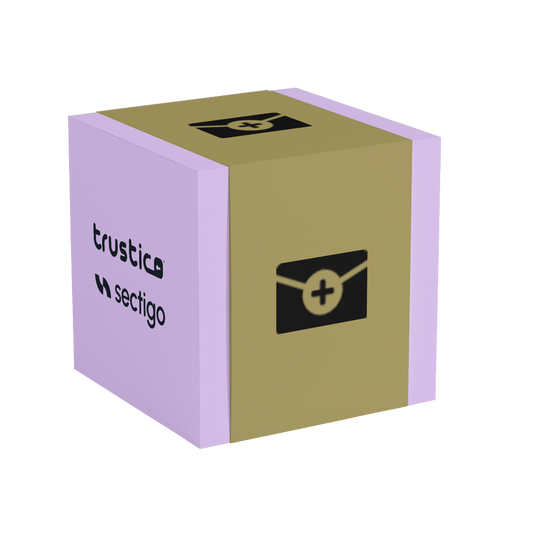 A lavender and gold cube features a black envelope icon with a plus sign - representing email encryption - alongside the words Trustico® and Sectigo® CA. This design references the protection provided by the Sectigo® S/MIME Mailbox Validated (MP) certificate for secure digital signatures.