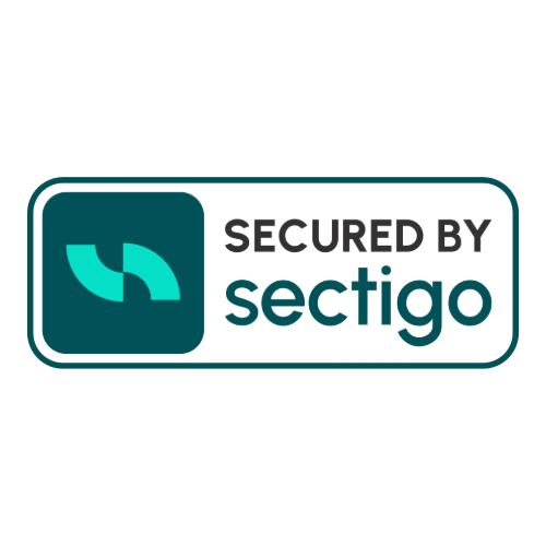 A badge displaying the text “Secured by Sectigo CA” next to a teal logo with two curved shapes, all set on a white background with a teal border, represents trusted SSL Certificate protection through the Sectigo® CaaS DV + Wildcard + Multi Domain product from Sectigo CA.